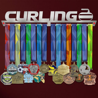 Curling Medal Hanger Display V1 showcasing multiple colorful medals on a stainless steel rack with 'CURLING' cutout design, ideal for athletes.