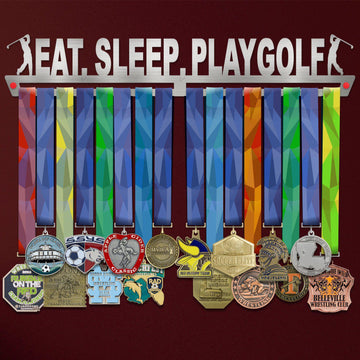 Eat Sleep Play Golf Medal Hanger Display holding colorful medals with golf-themed stainless steel design, ideal for organizing sports awards.