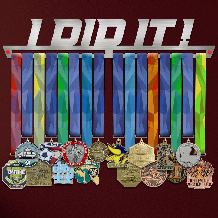 I Did It ! Medal Hanger Display showcasing colorful ribbons and various medals on a stainless steel rack, ideal for organizing achievements.