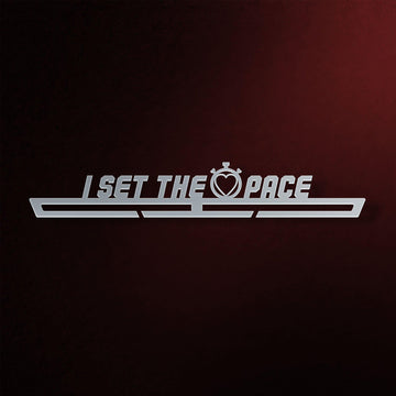 I Set The Pace Medal Hanger Display made of stainless steel, featuring a stopwatch icon and dual hanging bars for medal organization.