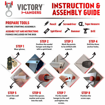 Victory Hangers instruction and assembly guide with step-by-step visuals for installing the I Set The Pace Medal Hanger Display.