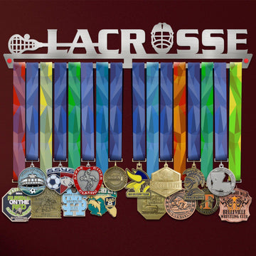 Lacrosse Medal Hanger Display with colorful ribbons and various medals, ideal for organizing and showcasing lacrosse achievements.