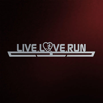 Stainless steel Live Love Run Medal Hanger Display MALE with silhouette runner design, perfect for organizing men's race medals.