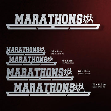 Four size options of Marathons Medal Hanger Display shown with dimensions, suitable for 8 to 45 medals depending on size.