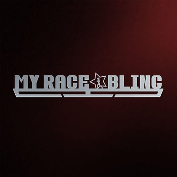 Close-up of My Race Bling Medal Hanger Display FEMALE in brushed stainless steel, showcasing sleek and durable design for medal organization.