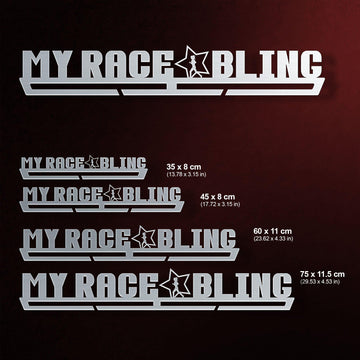 My Race Bling Medal Hanger Display FEMALE shown in four size options with dimensions, perfect for customizing medal storage needs.