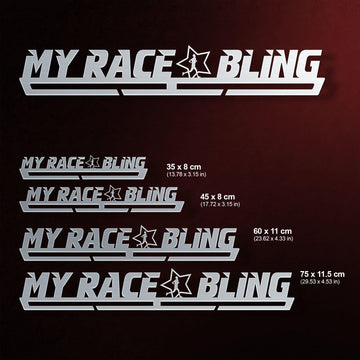 My Race Bling Medal Hanger Display MALE shown in four size options from 35 cm to 75 cm, suitable for 8 to 45 medals.