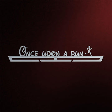Once Upon A Run Medal Hanger Display FEMALE in brushed stainless steel with a female runner silhouette, perfect for organizing medals stylishly.
