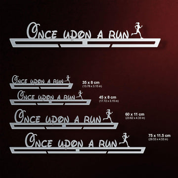Size comparison chart of Once Upon A Run Medal Hanger Display FEMALE showing five available widths for different medal capacities.