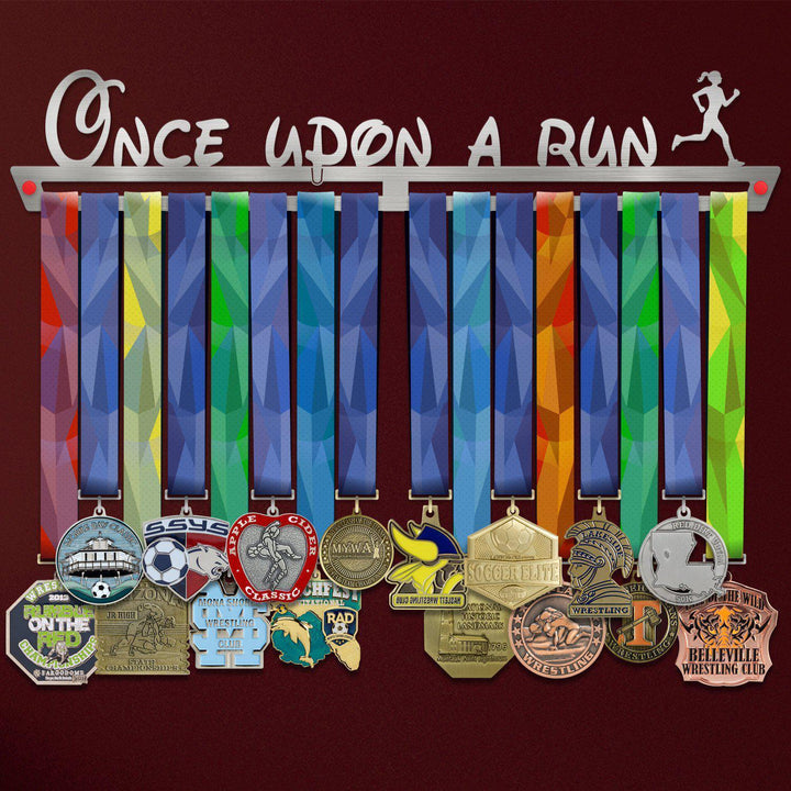 Once Upon A Run Medal Hanger Display FEMALE holding colorful ribbons and various medals, ideal for athletic women to showcase achievements.