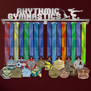 Rhythmic Gymnastics Female Medal Hanger Display holding colorful ribbons and various medals. Stainless steel design fits up to 50 medals.