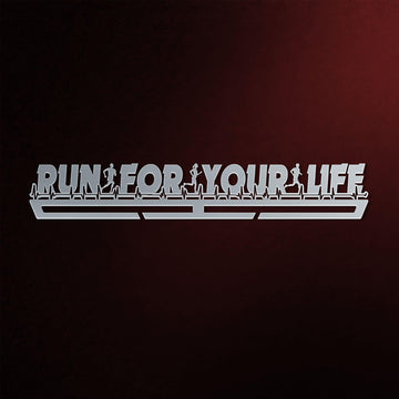 Run For Your Life Medal Hanger Display in brushed stainless steel finish, designed to hold multiple medals in a sleek and modern style.