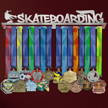 Skateboarding Medal Hanger Display holding colorful ribbons and various medals, made of stainless steel with a skater silhouette design.